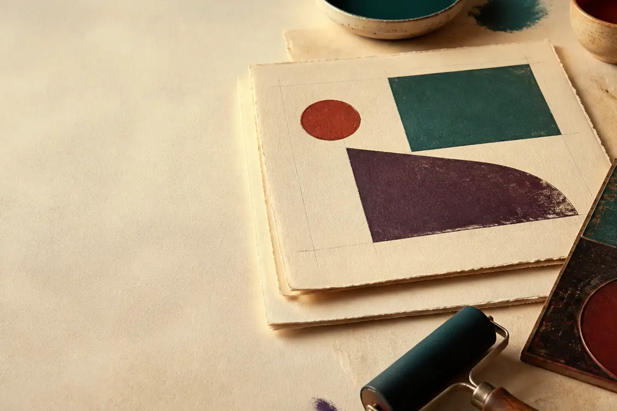 Papier texturé, plaque d'impression et traces d'encre en lumière latérale.