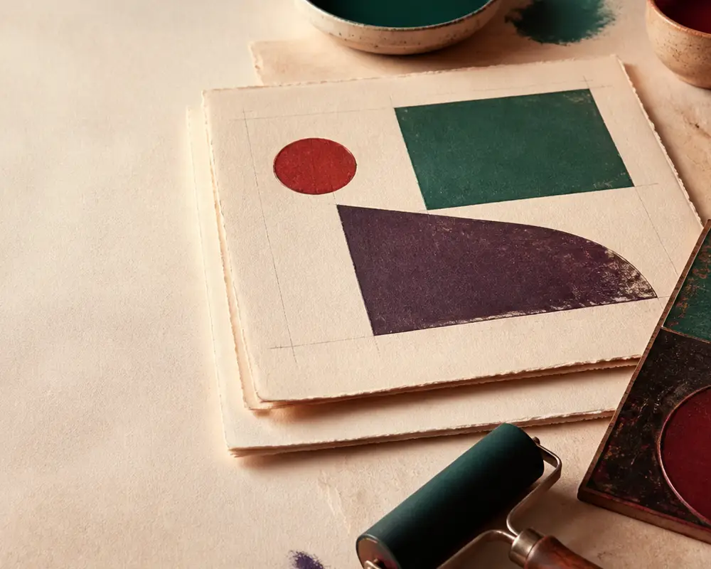 Feuilles superposées et formes géométriques sur une table de conservation.
