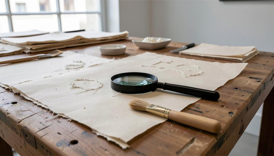 Table de conservation du papier avec loupe, pinceau doux, fibres et gants de coton, sans texte lisible.