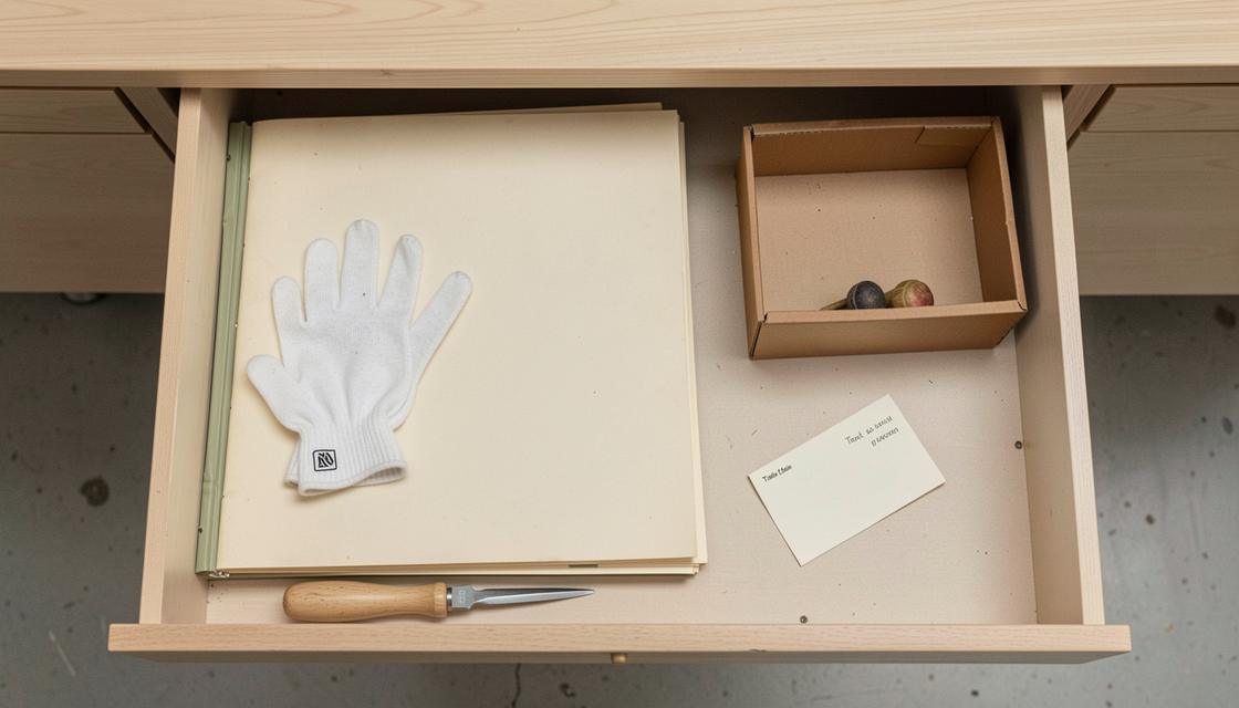 Fonds d’archives artistiques avec chemises neutres, boîte de conservation et catalogue fermé, sans texte lisible.