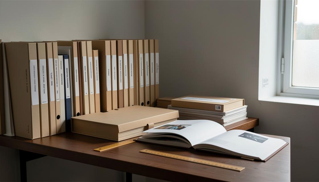 Fonds d’archives artistiques avec chemises neutres, boîte de conservation et catalogue fermé, sans texte lisible.