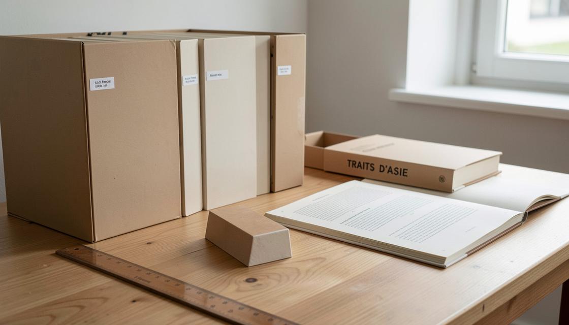 Fonds d’archives artistiques avec chemises neutres, boîte de conservation et catalogue fermé, sans texte lisible.
