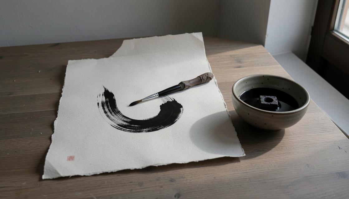 Étude d’une peinture à l’encre sur papier, pierre à encre, pinceau et matière humide, sans texte lisible.