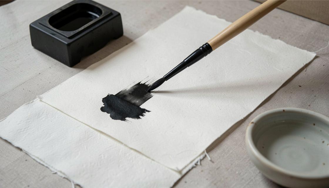 Étude d’une peinture à l’encre sur papier, pierre à encre, pinceau et matière humide, sans texte lisible.