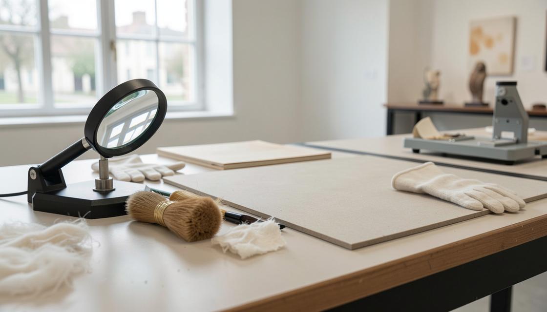 Table de conservation du papier avec loupe, pinceau doux, fibres et gants de coton, sans texte lisible.