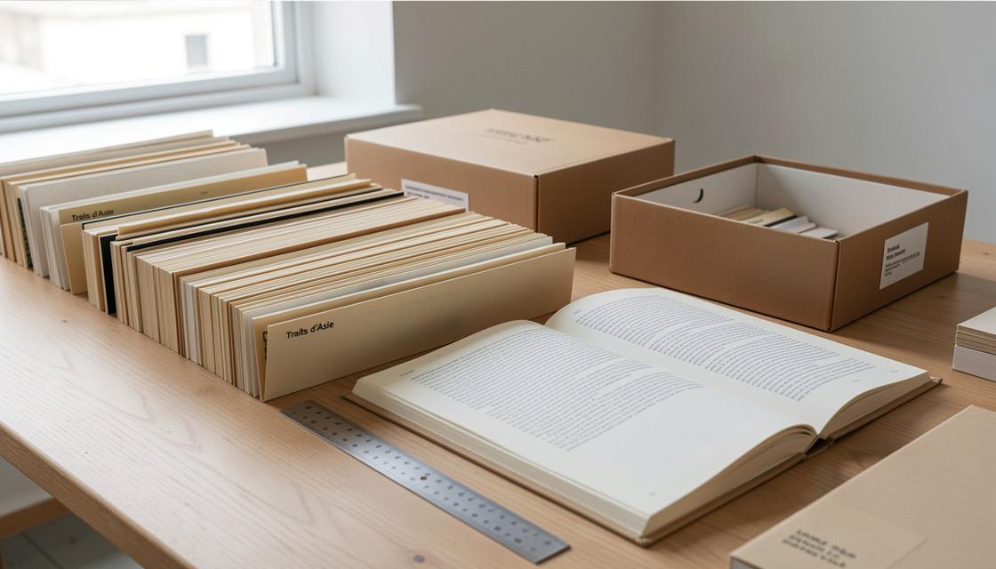 Fonds d’archives artistiques avec chemises neutres, boîte de conservation et catalogue fermé, sans texte lisible.