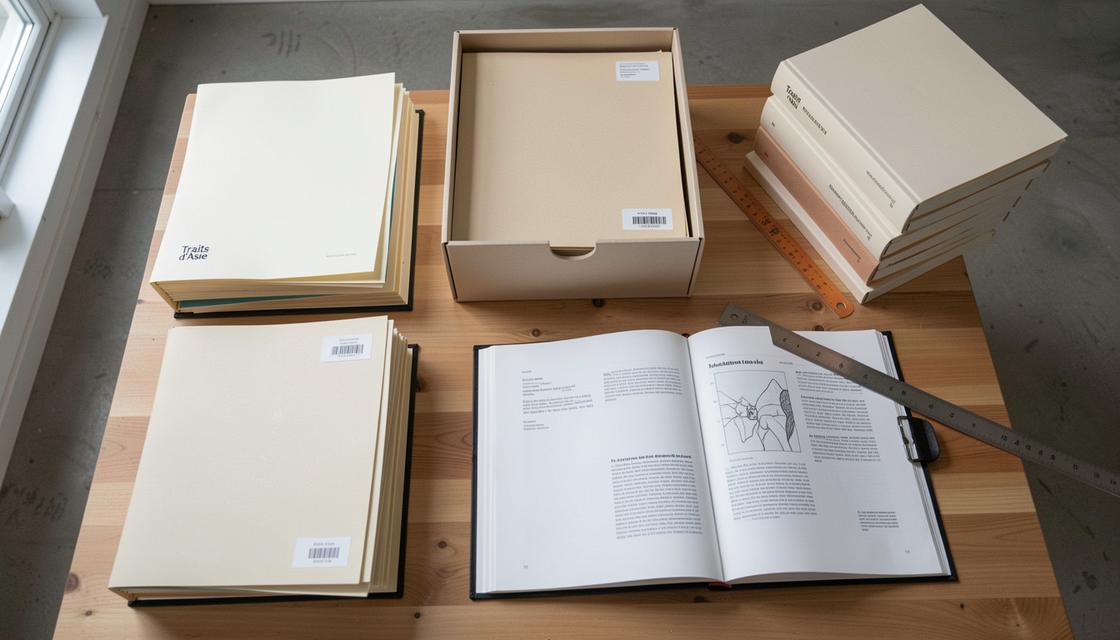 Fonds d’archives artistiques avec chemises neutres, boîte de conservation et catalogue fermé, sans texte lisible.