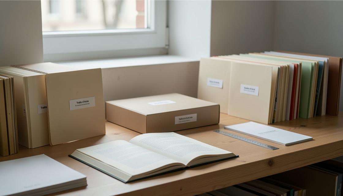 Fonds d’archives artistiques avec chemises neutres, boîte de conservation et catalogue fermé, sans texte lisible.