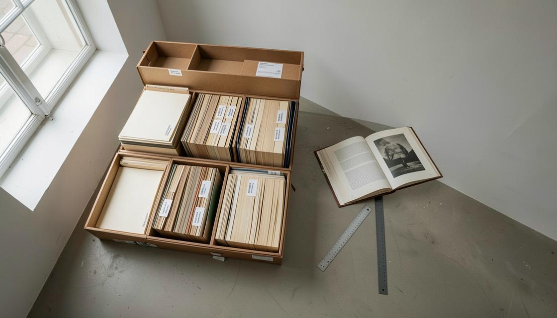 Fonds d’archives artistiques avec chemises neutres, boîte de conservation et catalogue fermé, sans texte lisible.