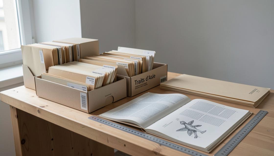 Fonds d’archives artistiques avec chemises neutres, boîte de conservation et catalogue fermé, sans texte lisible.